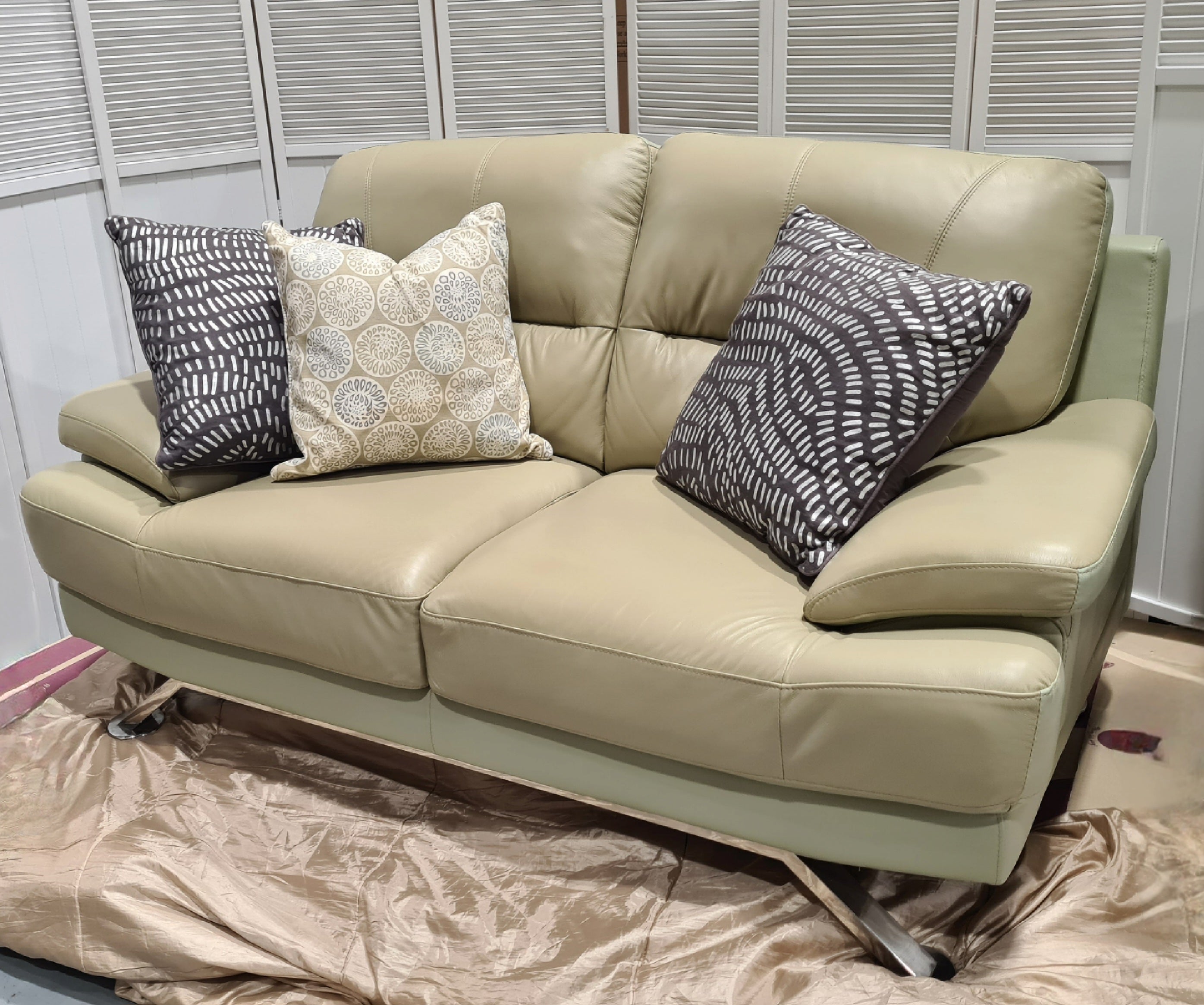 Leather Taupe/Olive green 2 Seater Sofa - $33 / week (6 week hire)