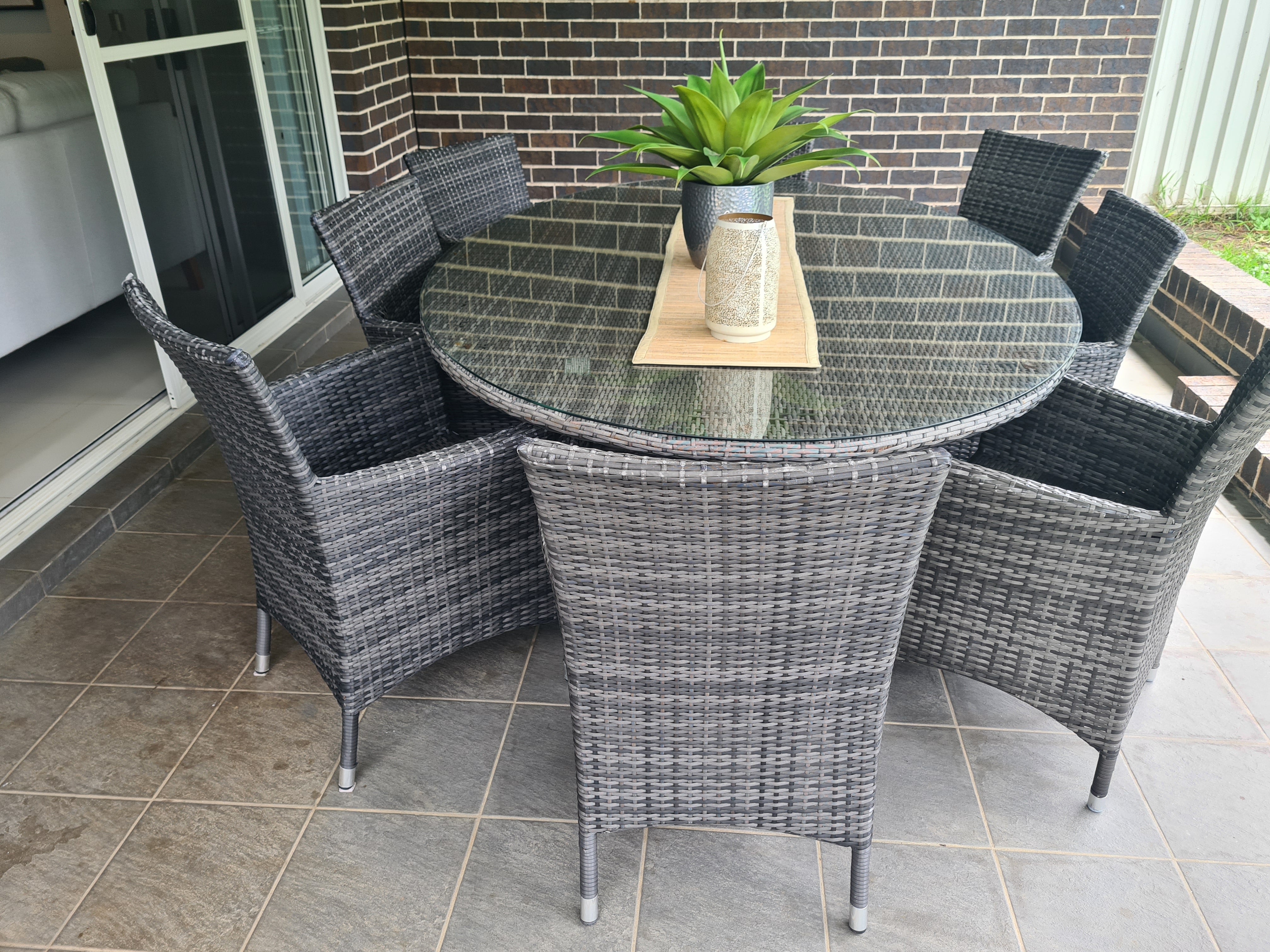 8 Seater Charcoal Rattan Outdoor Dining Set - $50 / week (6 week hire)