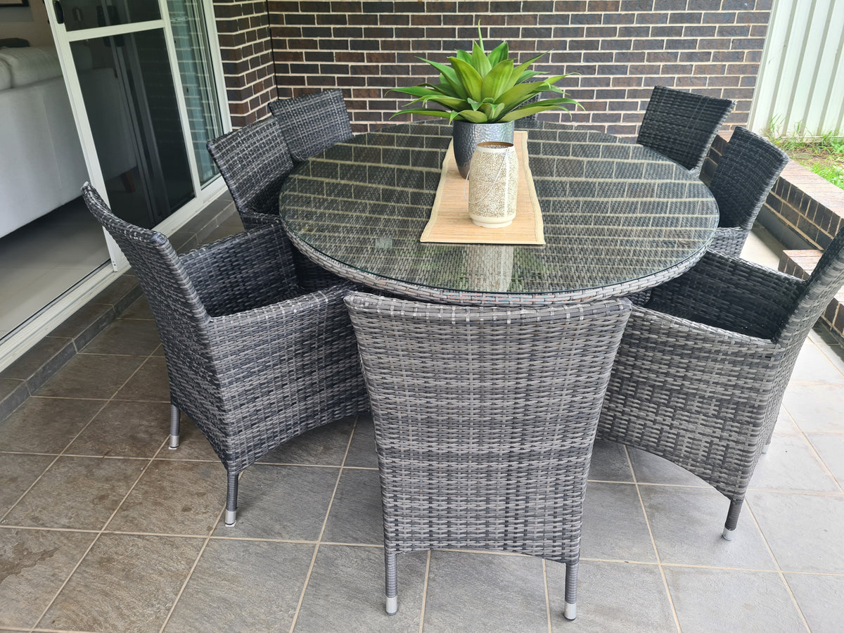 8 Seater Charcoal Rattan Outdoor Dining Set 50 / week (6 week hire